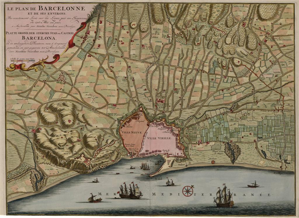 Mapa de las rieres (torrentes) de Barcelona y Montjuïc, 1706